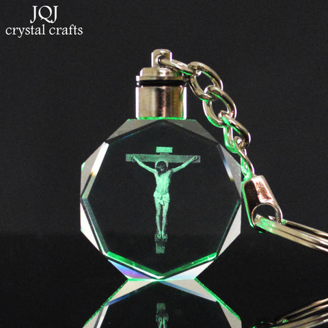 Jesus Cross Laser Engraved Crystal Crafts Glass Keychain With Changing Colors Light Great Gifts