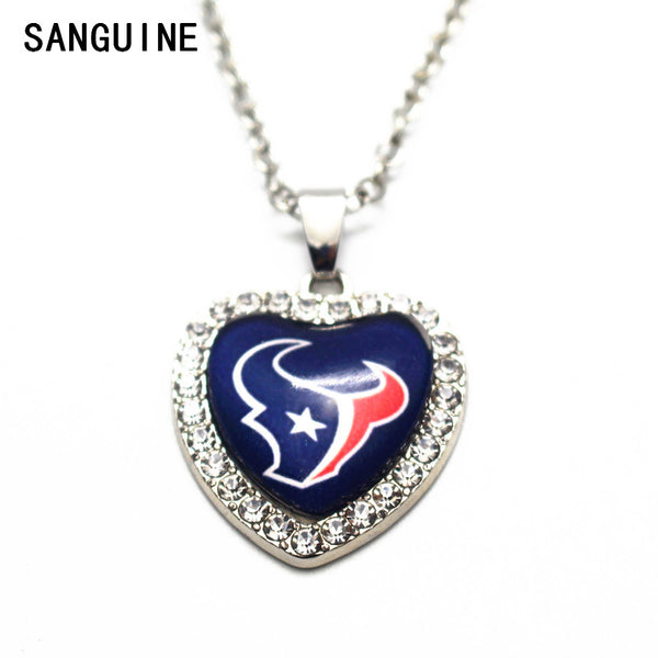 New Arrival Houston texans 1pcs/lot Heart Crystal Football Glass Pendant Necklace With 50cm Chains Necklace For Women Jewelry