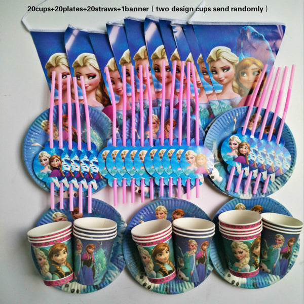 20 People kids birthday party frozen elsa anna cup plate straw banner party decoration sets paper garland baby shower supplies